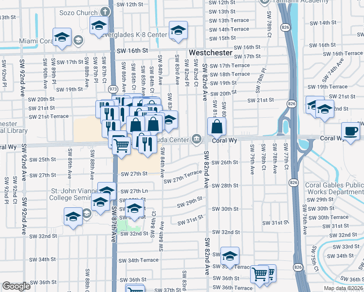map of restaurants, bars, coffee shops, grocery stores, and more near 2400 Southwest 82nd Place in Miami