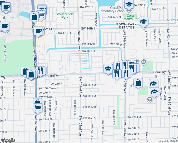 map of restaurants, bars, coffee shops, grocery stores, and more near 10002 Southwest 23rd Terrace in Miami