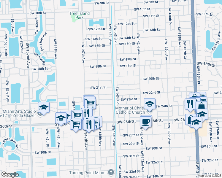 map of restaurants, bars, coffee shops, grocery stores, and more near 14401 Southwest 21st Street in Miami