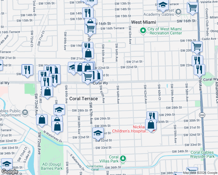 map of restaurants, bars, coffee shops, grocery stores, and more near 6473 Southwest 25th Street in Miami