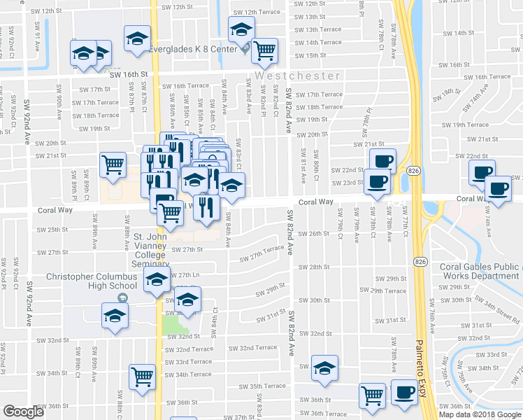 map of restaurants, bars, coffee shops, grocery stores, and more near 2400 Southwest 82nd Place in Miami