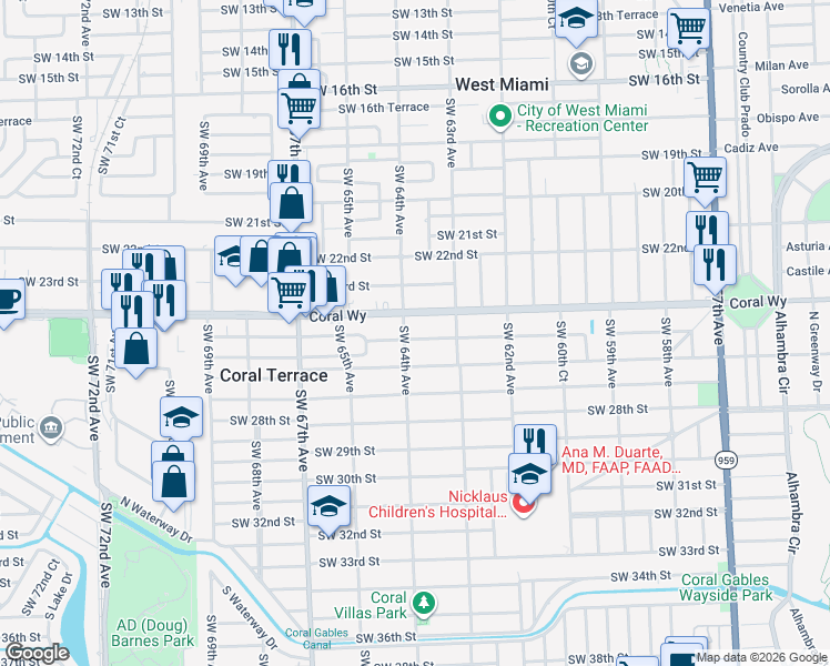 map of restaurants, bars, coffee shops, grocery stores, and more near 2412 Southwest 64th Avenue in Miami