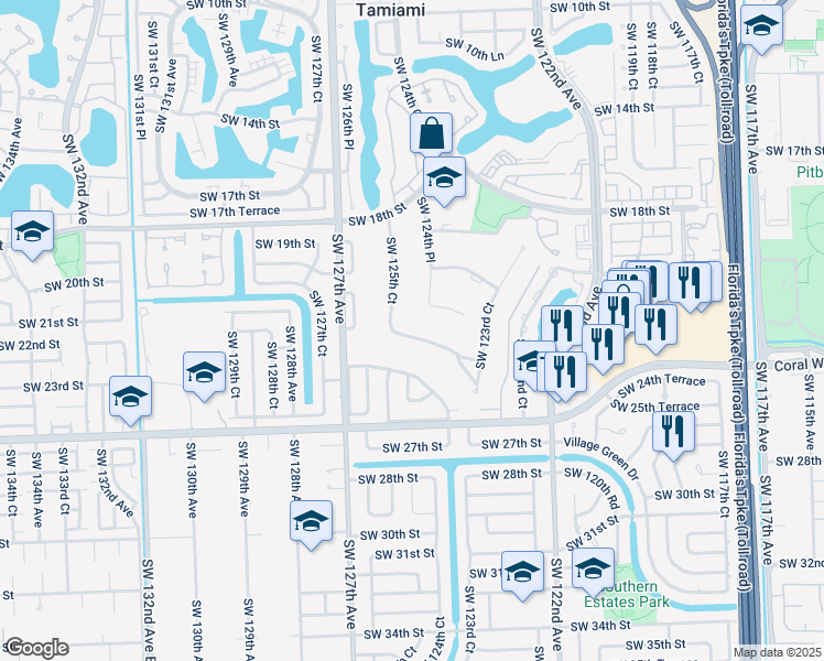 map of restaurants, bars, coffee shops, grocery stores, and more near 12455 Southwest 22nd Terrace in Miami