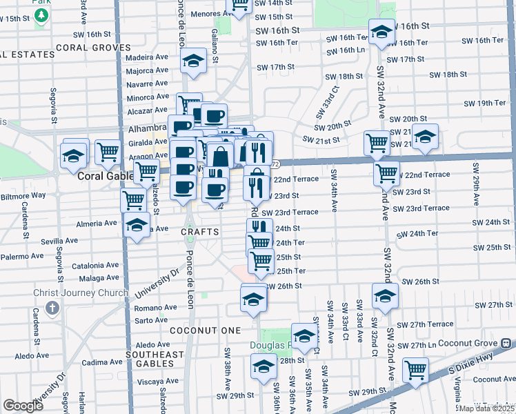 map of restaurants, bars, coffee shops, grocery stores, and more near 2335 Douglas Road in Miami