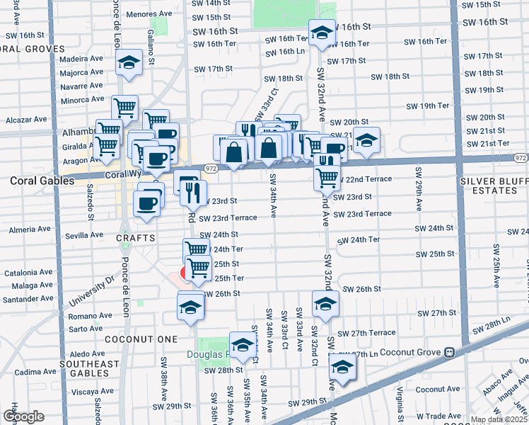 map of restaurants, bars, coffee shops, grocery stores, and more near 3429 Southwest 23rd Terrace in Miami