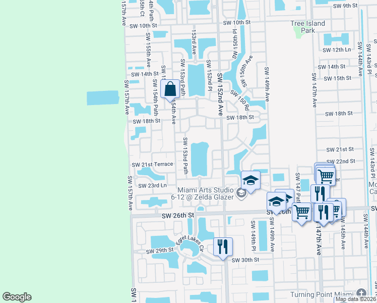 map of restaurants, bars, coffee shops, grocery stores, and more near 2063 Southwest 153rd Path in Miami