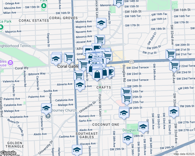 map of restaurants, bars, coffee shops, grocery stores, and more near 2614 Ponce de Leon in Coral Gables