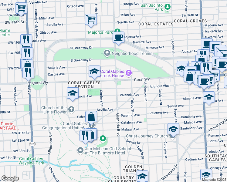 map of restaurants, bars, coffee shops, grocery stores, and more near 2500 Granada Boulevard in Coral Gables
