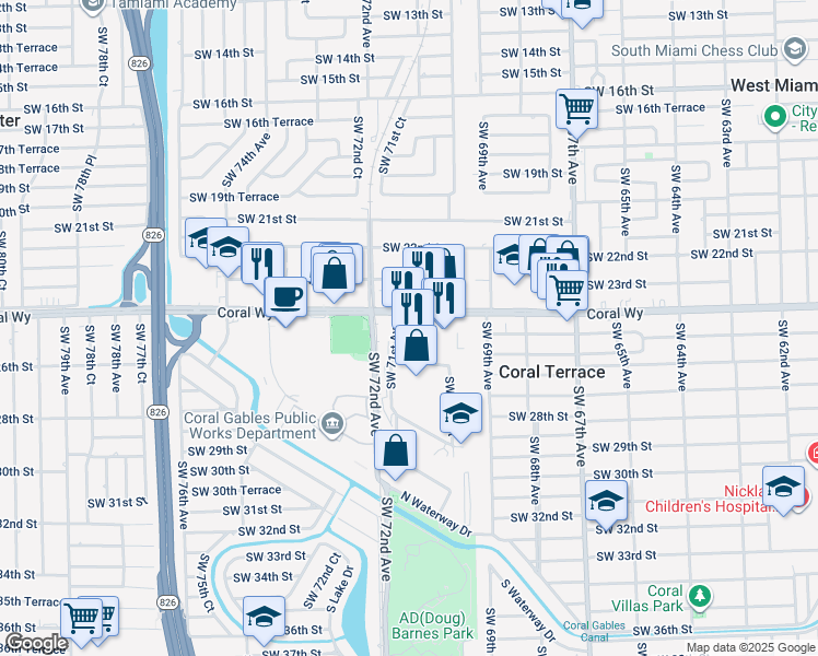 map of restaurants, bars, coffee shops, grocery stores, and more near 7090 Southwest 24th Street in Miami