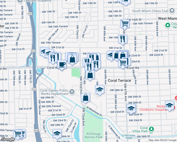 map of restaurants, bars, coffee shops, grocery stores, and more near 7090 Southwest 24th Street in Miami