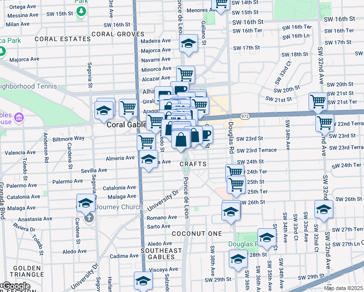 map of restaurants, bars, coffee shops, grocery stores, and more near 2614 Ponce de Leon in Coral Gables