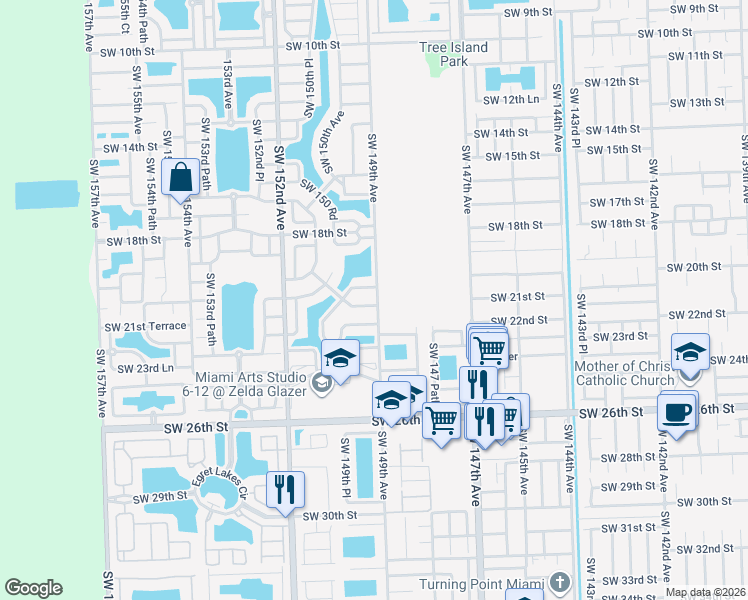 map of restaurants, bars, coffee shops, grocery stores, and more near 14907 Southwest 21st Terrace in Miami