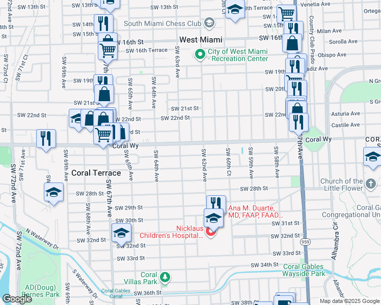 map of restaurants, bars, coffee shops, grocery stores, and more near 6261 Southwest 25th Street in Miami