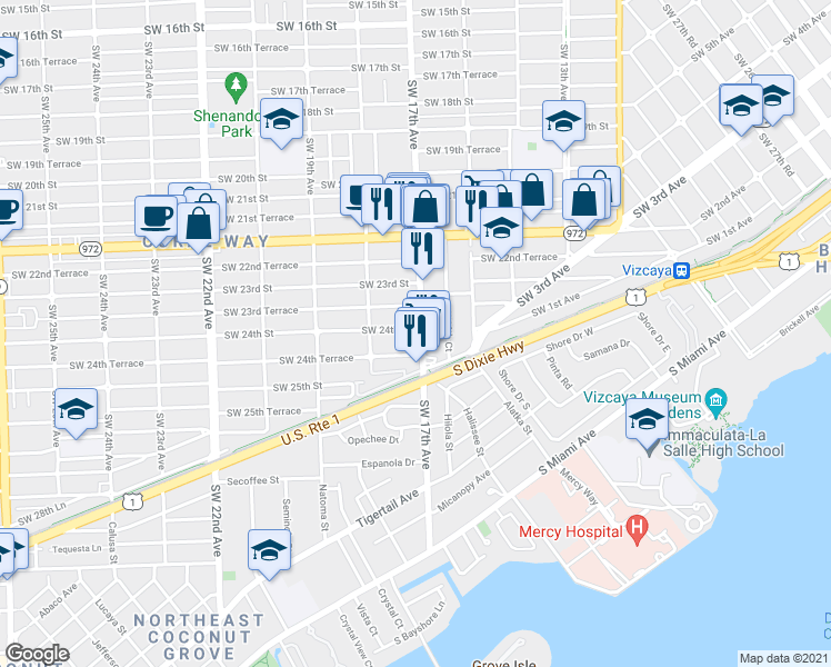 map of restaurants, bars, coffee shops, grocery stores, and more near 2405 Southwest 17th Avenue in Miami