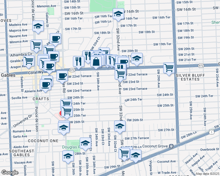 map of restaurants, bars, coffee shops, grocery stores, and more near 3329 Southwest 23rd Terrace in Miami