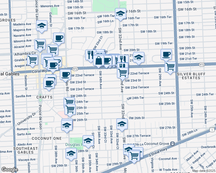 map of restaurants, bars, coffee shops, grocery stores, and more near 3329 Southwest 23rd Terrace in Miami