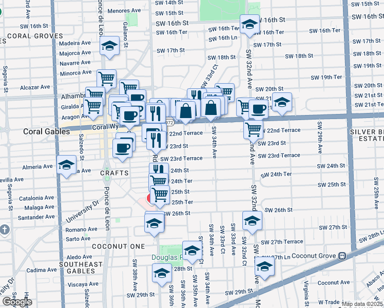 map of restaurants, bars, coffee shops, grocery stores, and more near 3541 Southwest 23rd Terrace in Miami