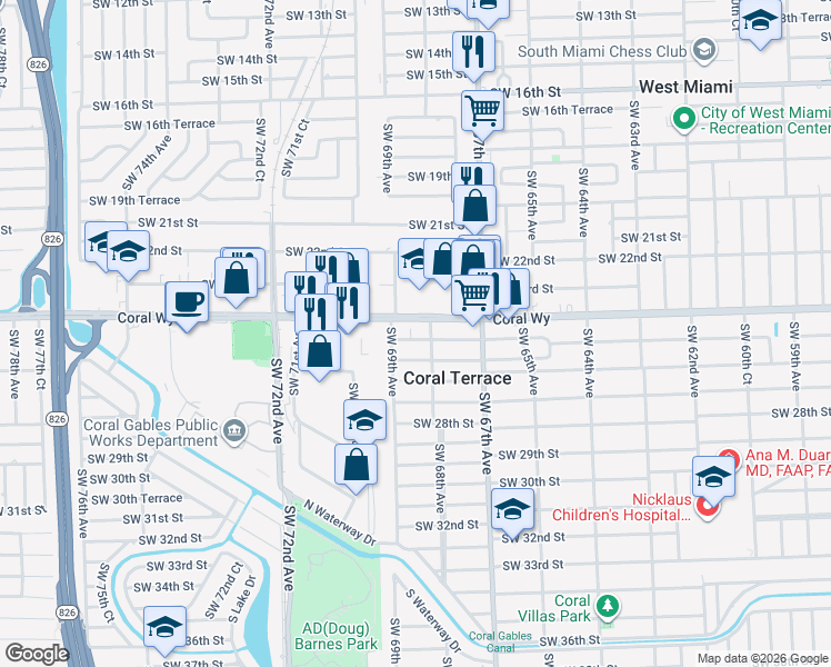 map of restaurants, bars, coffee shops, grocery stores, and more near 2415 Southwest 68th Avenue in Miami