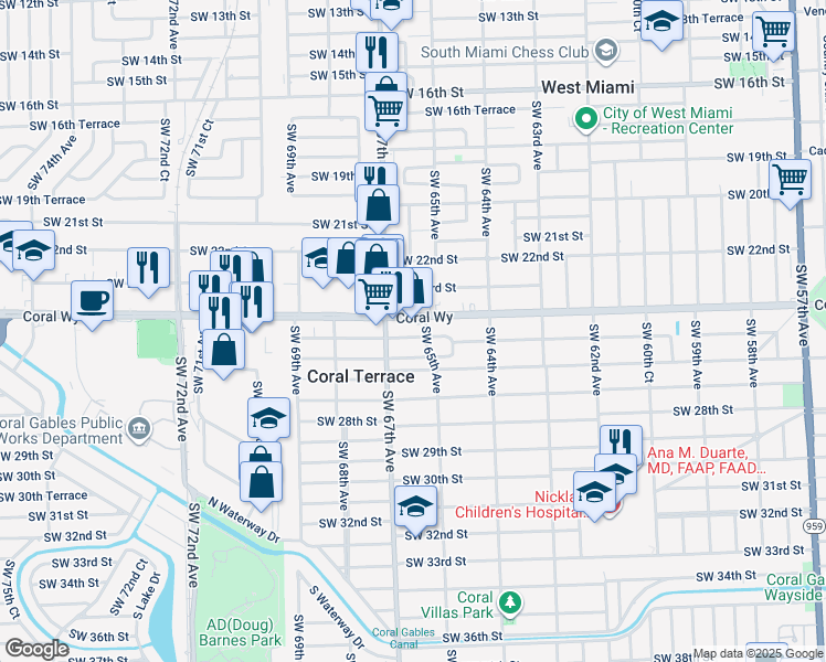 map of restaurants, bars, coffee shops, grocery stores, and more near 6515 Southwest 25th Street in Miami