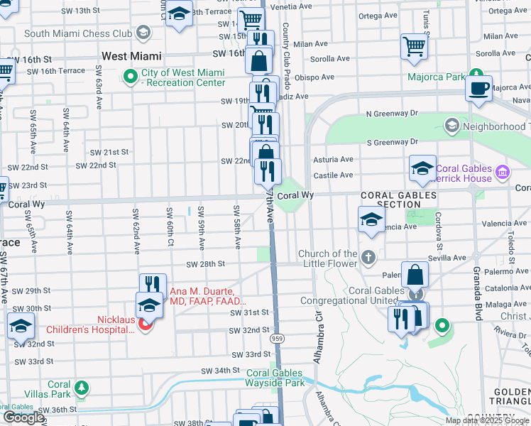 map of restaurants, bars, coffee shops, grocery stores, and more near 2412 Red Road in Miami