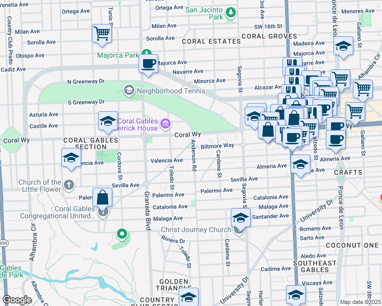 map of restaurants, bars, coffee shops, grocery stores, and more near 2508 Anderson Road in Coral Gables