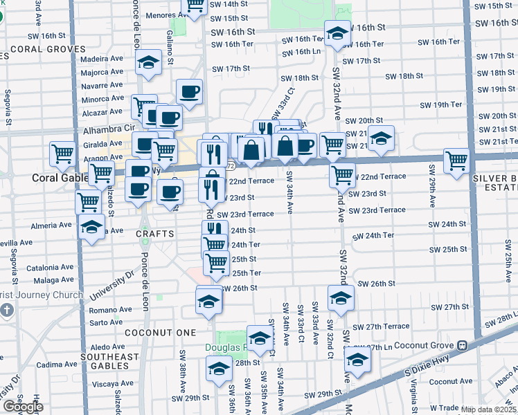 map of restaurants, bars, coffee shops, grocery stores, and more near 3541 Southwest 23rd Terrace in Miami