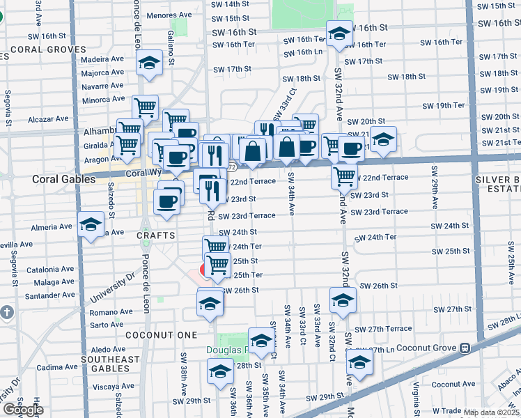 map of restaurants, bars, coffee shops, grocery stores, and more near 3541 Southwest 23rd Terrace in Miami