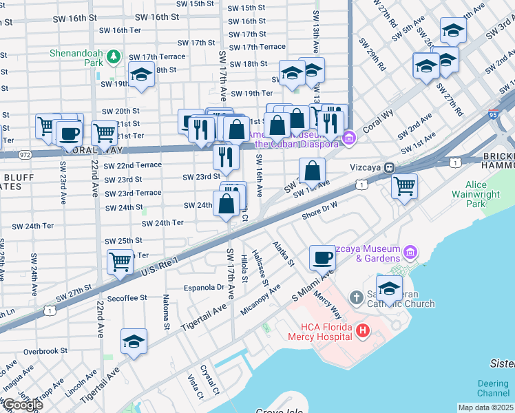 map of restaurants, bars, coffee shops, grocery stores, and more near 2420 Southwest 16th Avenue in Miami