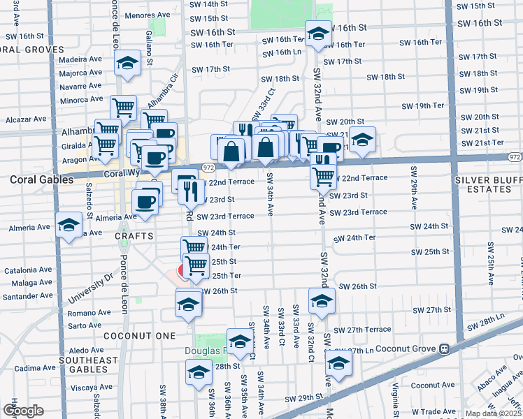 map of restaurants, bars, coffee shops, grocery stores, and more near 3429 Southwest 23rd Terrace in Miami