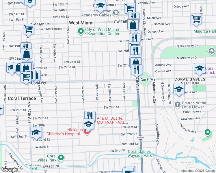 map of restaurants, bars, coffee shops, grocery stores, and more near 2480 Southwest 59th Avenue in Miami