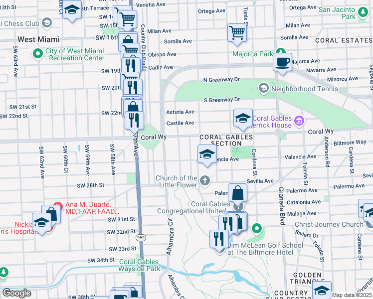 map of restaurants, bars, coffee shops, grocery stores, and more near 2500 San Domingo Street in Coral Gables