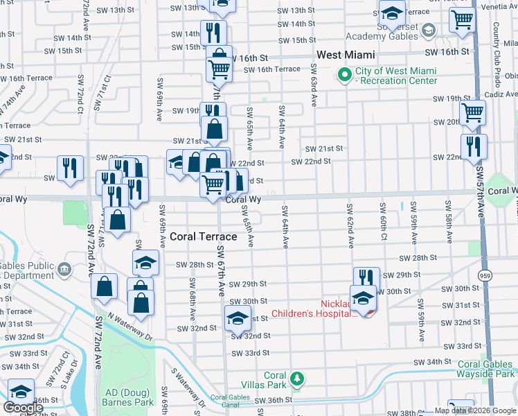 map of restaurants, bars, coffee shops, grocery stores, and more near 6481 Southwest 25th Street in Miami