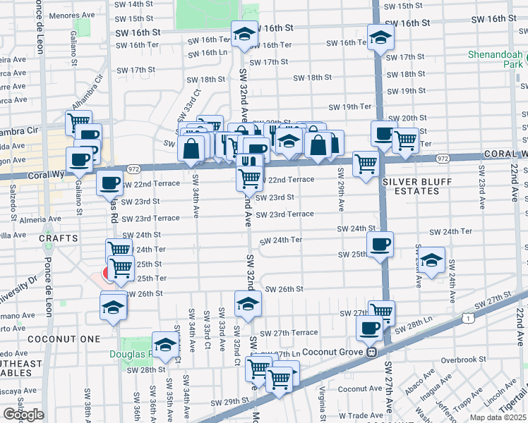 map of restaurants, bars, coffee shops, grocery stores, and more near 3179 Southwest 23rd Terrace in Miami