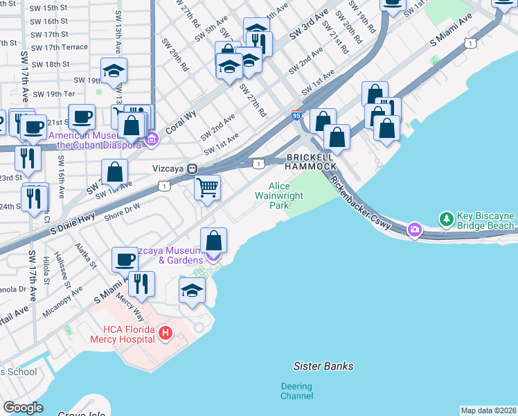 map of restaurants, bars, coffee shops, grocery stores, and more near 3029 Southeast 32nd Road in Miami