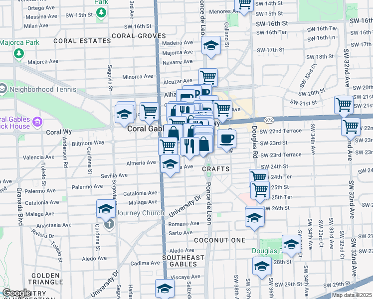 map of restaurants, bars, coffee shops, grocery stores, and more near 290 Valencia Avenue in Coral Gables