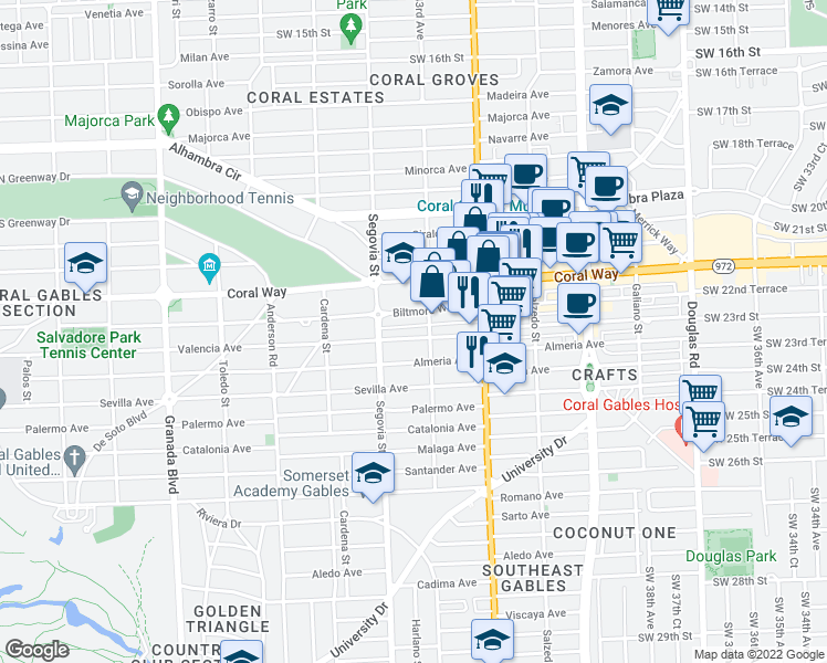 map of restaurants, bars, coffee shops, grocery stores, and more near 501 Valencia Avenue in Coral Gables