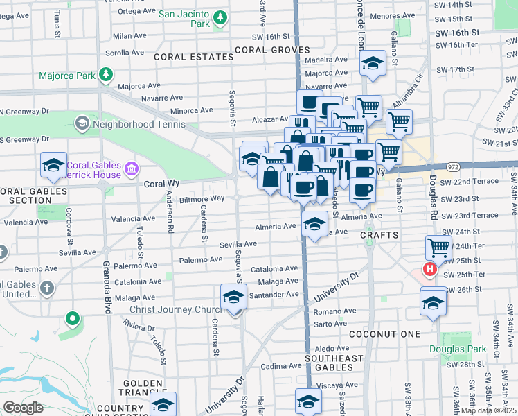 map of restaurants, bars, coffee shops, grocery stores, and more near 501 Valencia Avenue in Coral Gables