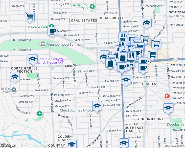map of restaurants, bars, coffee shops, grocery stores, and more near 600 Biltmore Way in Coral Gables