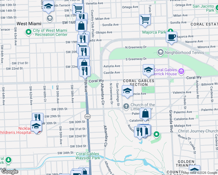 map of restaurants, bars, coffee shops, grocery stores, and more near 2500 North Greenway Drive in Coral Gables