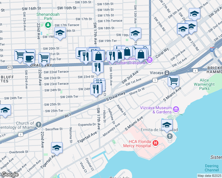map of restaurants, bars, coffee shops, grocery stores, and more near 2420 Southwest 16th Avenue in Miami