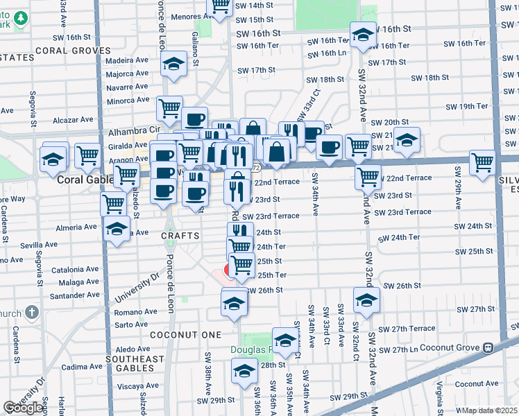 map of restaurants, bars, coffee shops, grocery stores, and more near 3658 Southwest 23rd Street in Miami