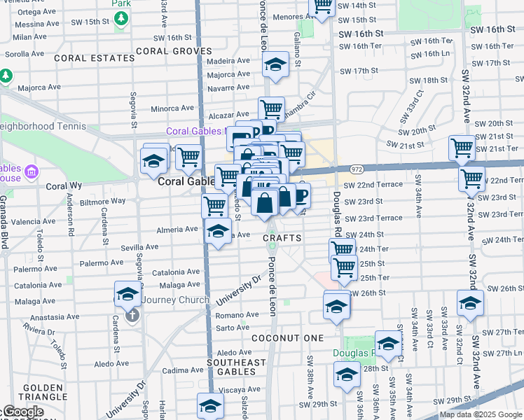 map of restaurants, bars, coffee shops, grocery stores, and more near 2614 Ponce de Leon in Coral Gables