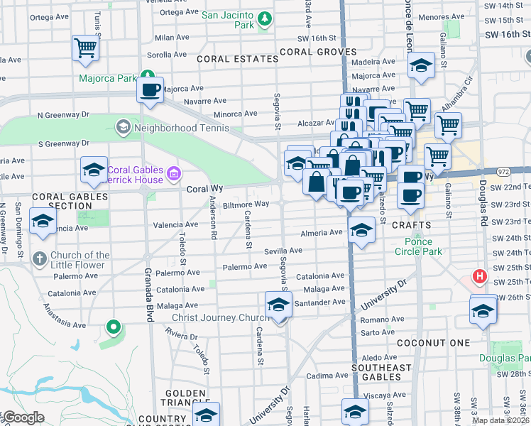map of restaurants, bars, coffee shops, grocery stores, and more near 600 Biltmore Way in Coral Gables