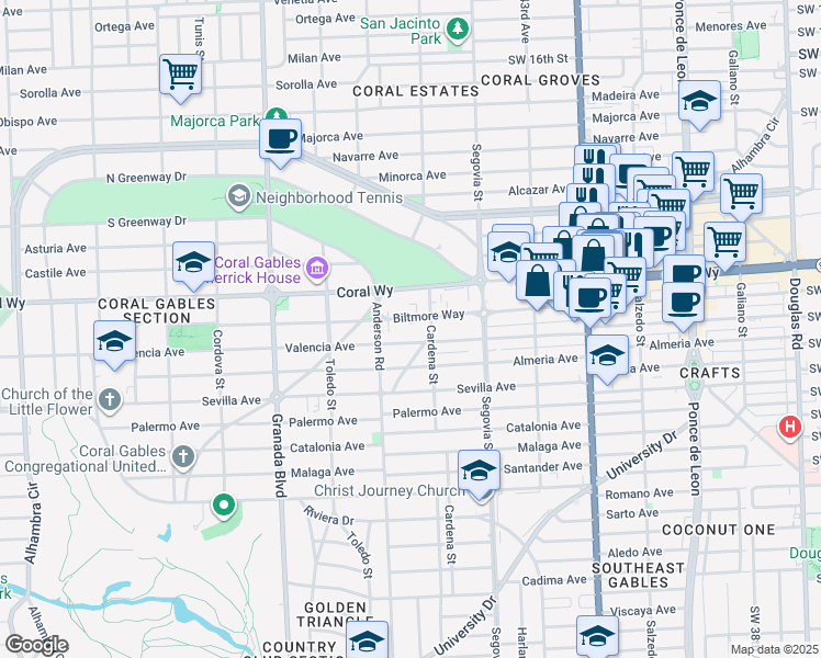 map of restaurants, bars, coffee shops, grocery stores, and more near 700 Biltmore Way in Coral Gables