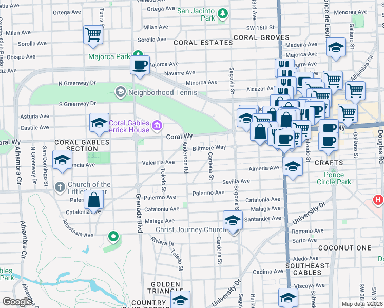 map of restaurants, bars, coffee shops, grocery stores, and more near 2508 Anderson Road in Coral Gables