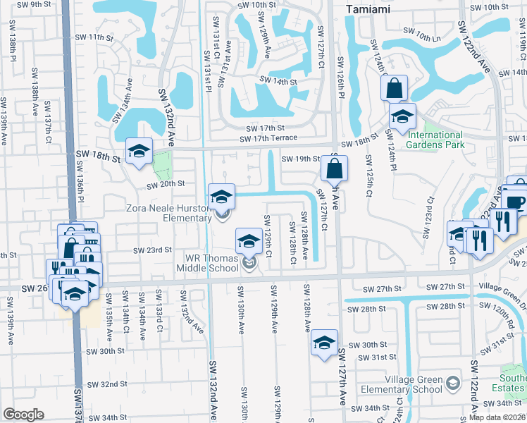 map of restaurants, bars, coffee shops, grocery stores, and more near 12921 Southwest 22nd Street in Miami