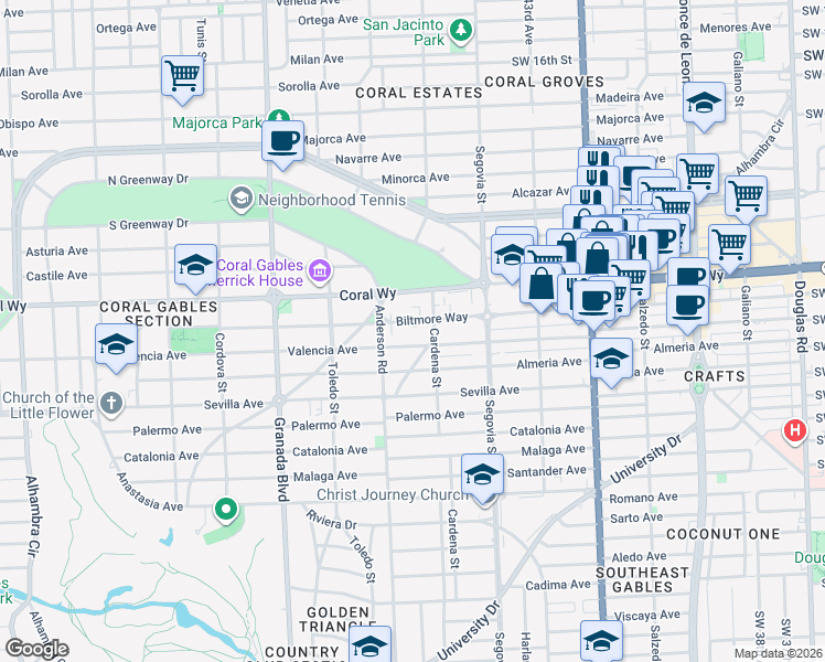 map of restaurants, bars, coffee shops, grocery stores, and more near 700 Biltmore Way in Coral Gables