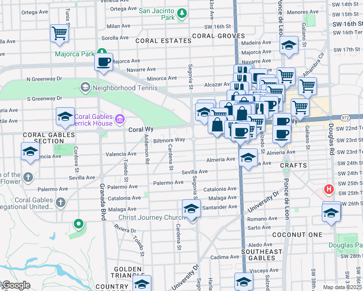map of restaurants, bars, coffee shops, grocery stores, and more near 600 Biltmore Way in Coral Gables