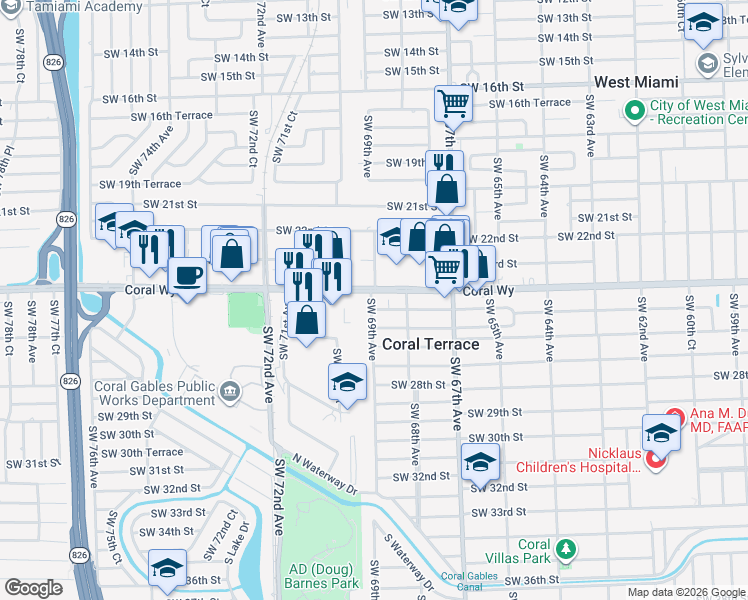 map of restaurants, bars, coffee shops, grocery stores, and more near 2409 Southwest 69th Avenue in Miami