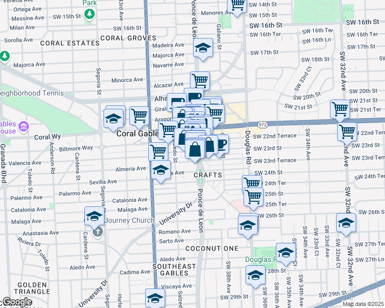 map of restaurants, bars, coffee shops, grocery stores, and more near 210 Valencia Avenue in Coral Gables